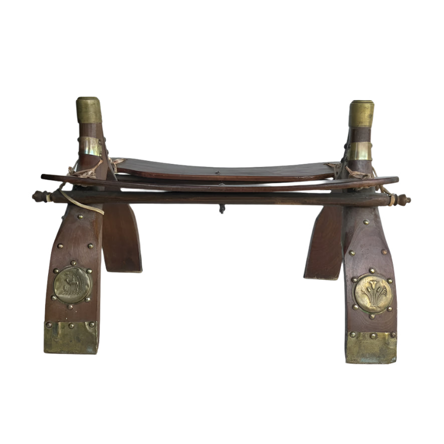 Vintage Middle Eastern Camel Saddle Stool with Embossed Leather Cushion & Brass Accents (c. 1950s)