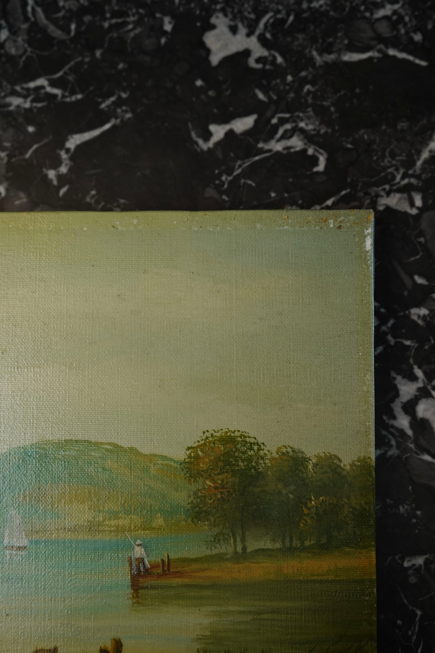 Vintage Hudson River School Style Oil on Canvas Landscape with Sailboats, Mid 20th Century Unframed