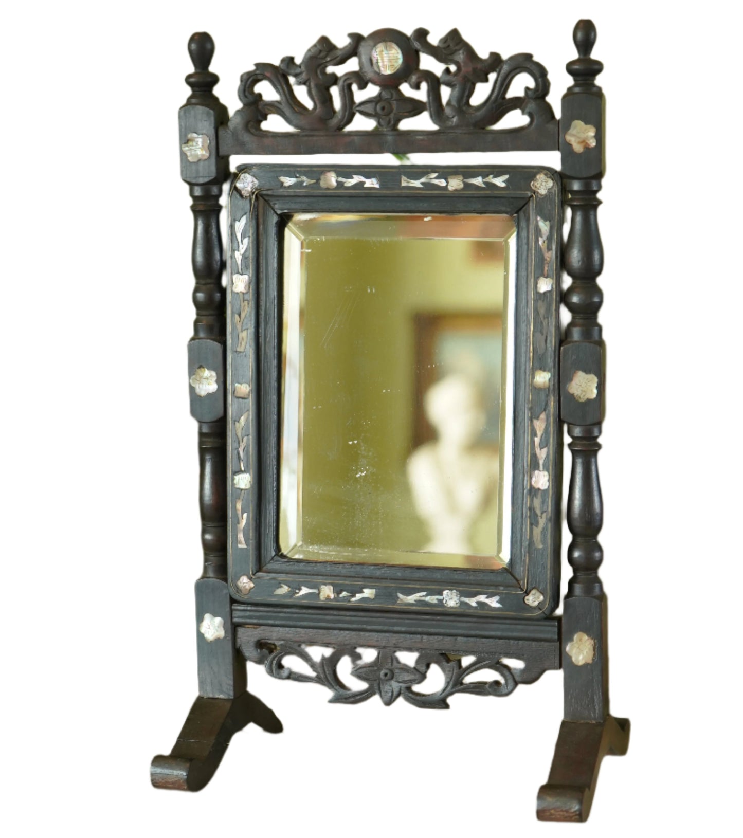 Antique Ebonized Wood & Mother-of-Pearl Vanity Tabletop Mirror