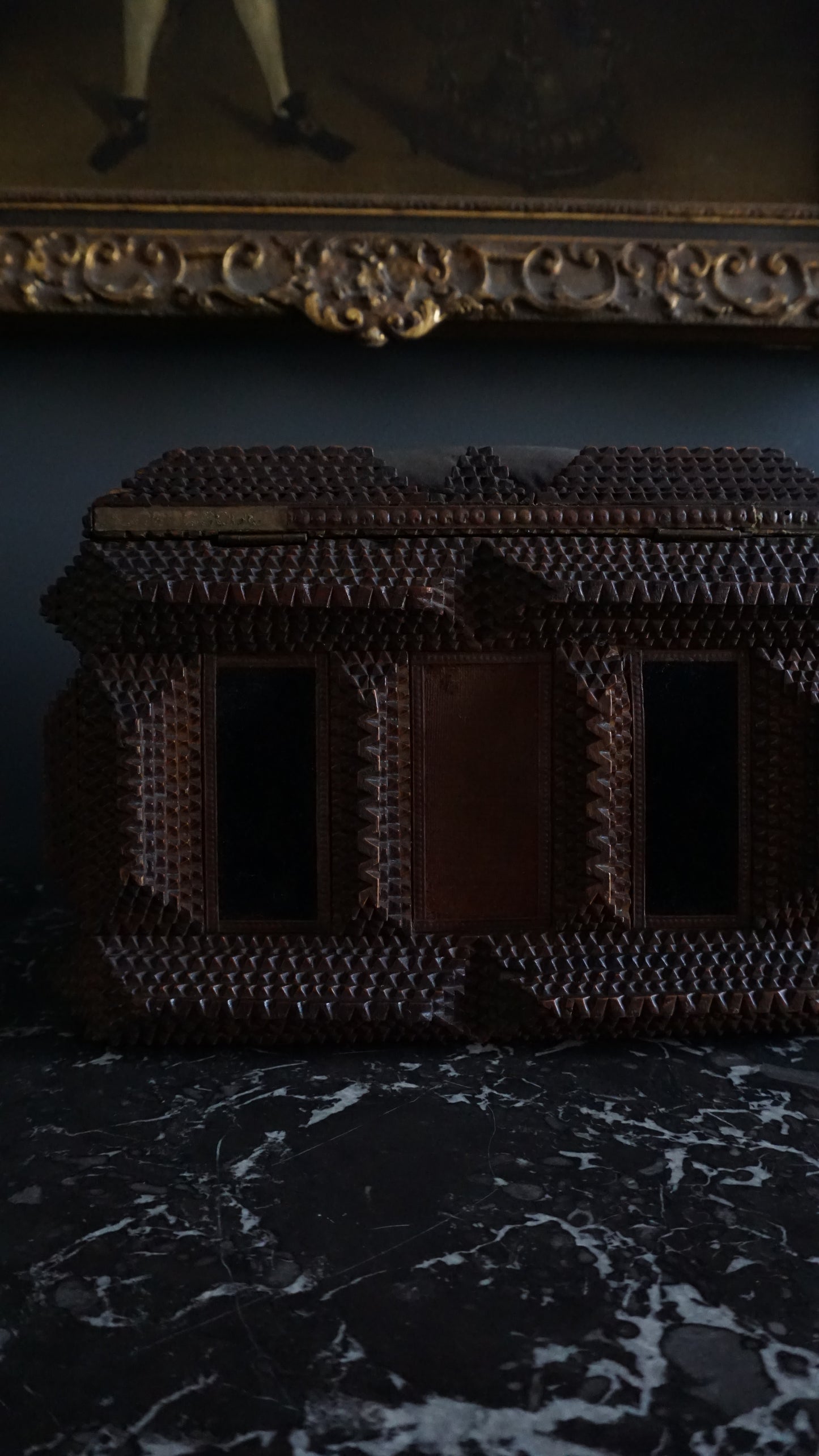 Antique Tramp Art Sewing Box with Drawers and Mirror, Hand-Carved Folk Art Keepsake Chest, Late 19th Century