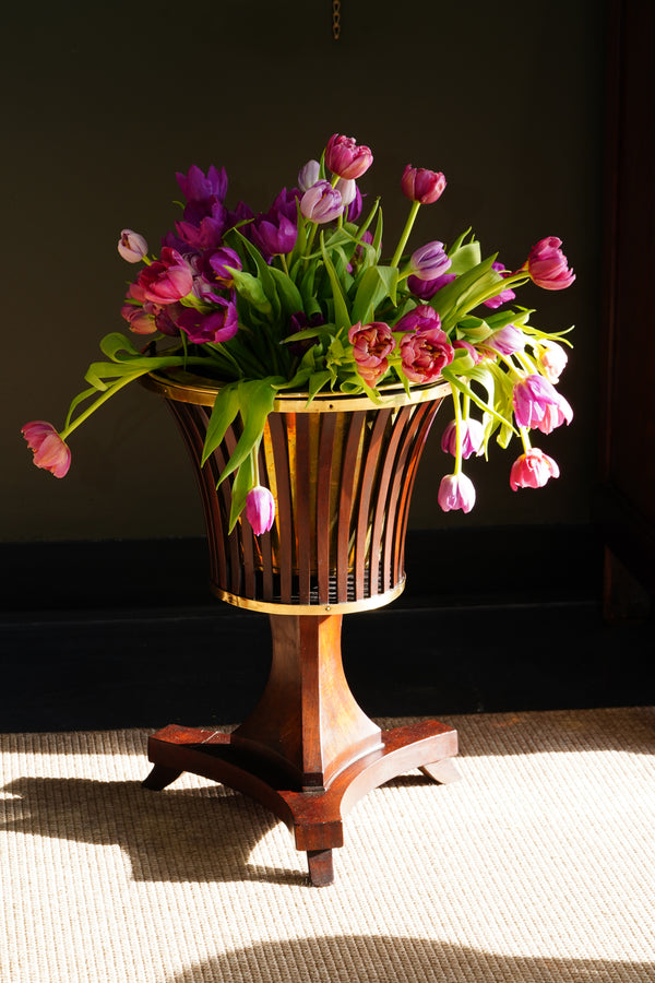 Antique Dutch Mahogany Jardinière, Slatted Urn Form with Brass Liner, Circa 1890