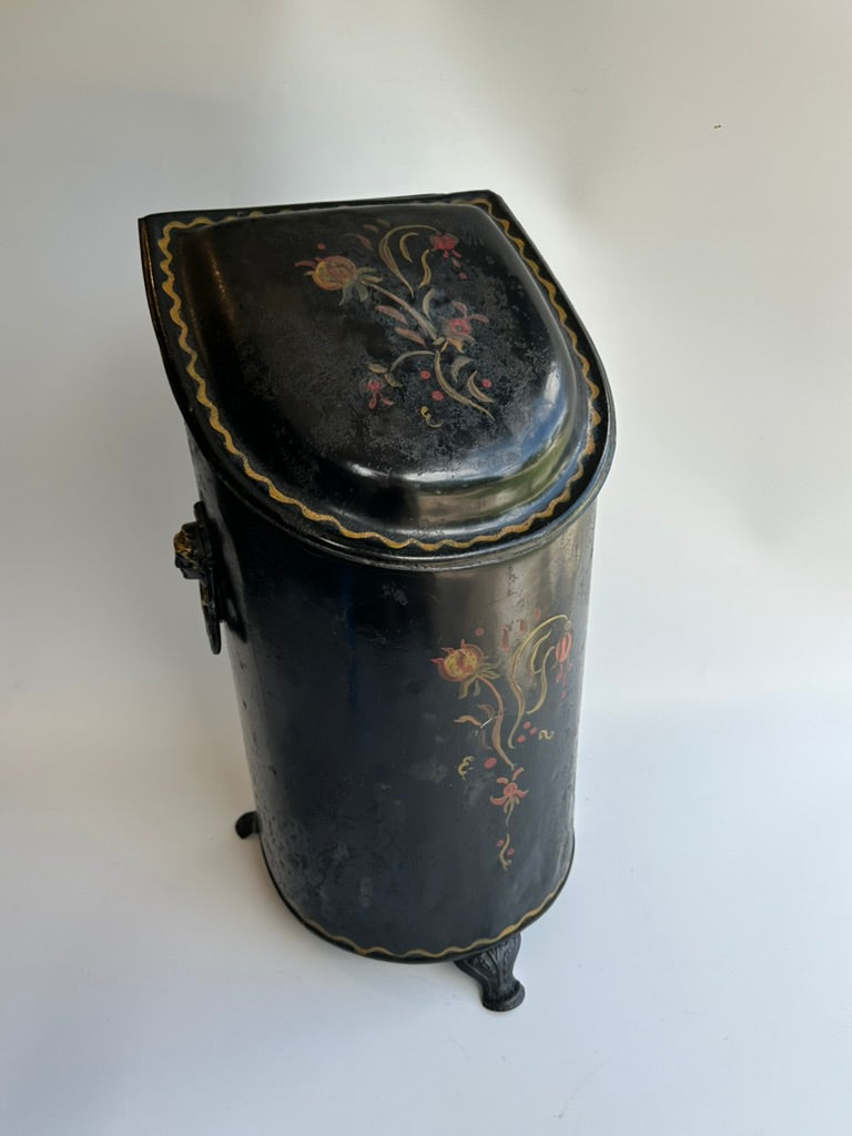 Antique European Hand‑Painted Tole Coal Scuttle | Victorian Fireplace Bucket, c.1880