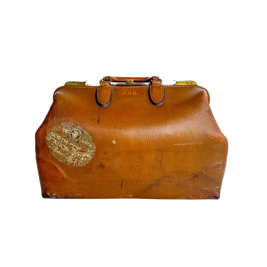 Antique Cowhide Leather Doctor’s Bag with Monogram “H.B.S.” – Early 20th Century Travel Satchel