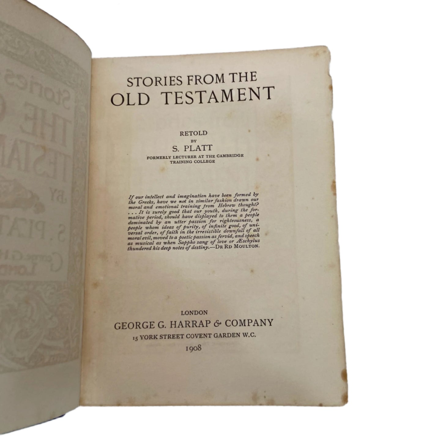 1908 Stories from the Old Testament by S. Platt, Religious Gift Book with Gilt Moorland House Prize Binding and Art Nouveau Spine