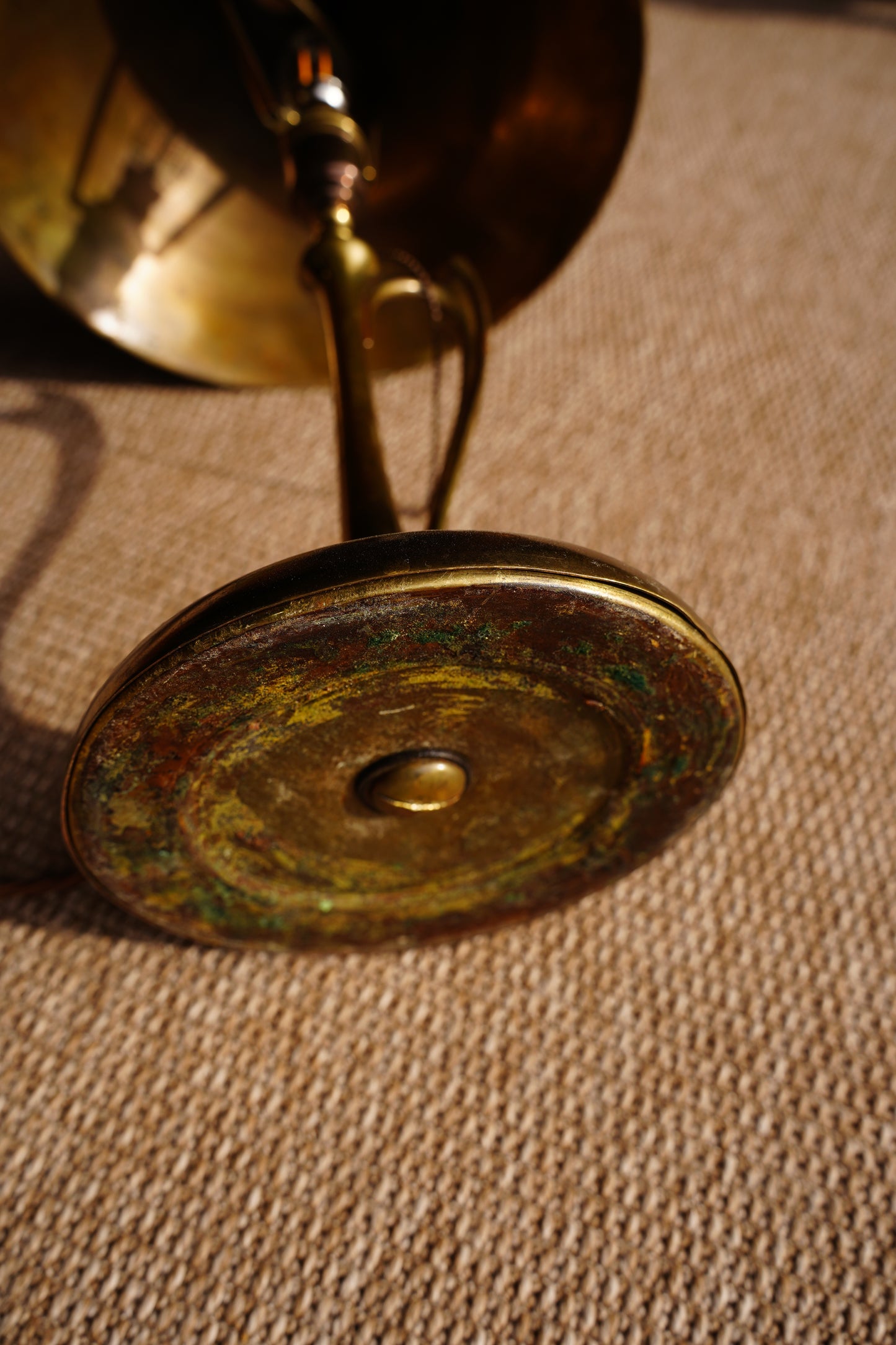 Art Nouveau Brass Table Lamp with Whiplash Handle and Brass Shade