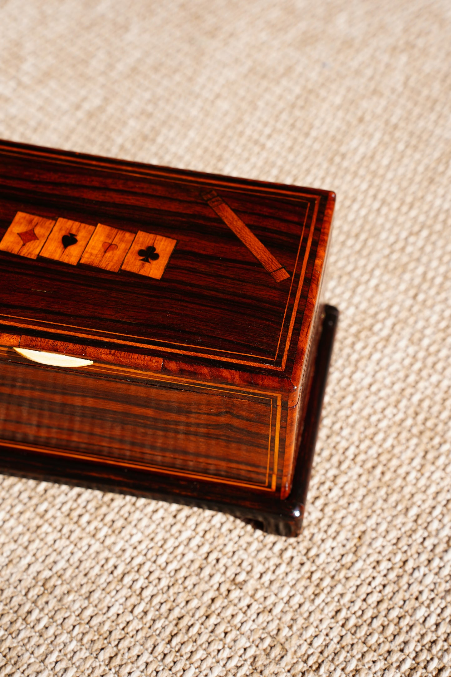 Antique Inlaid Wood Poker and Card Box with Card Suit Lid