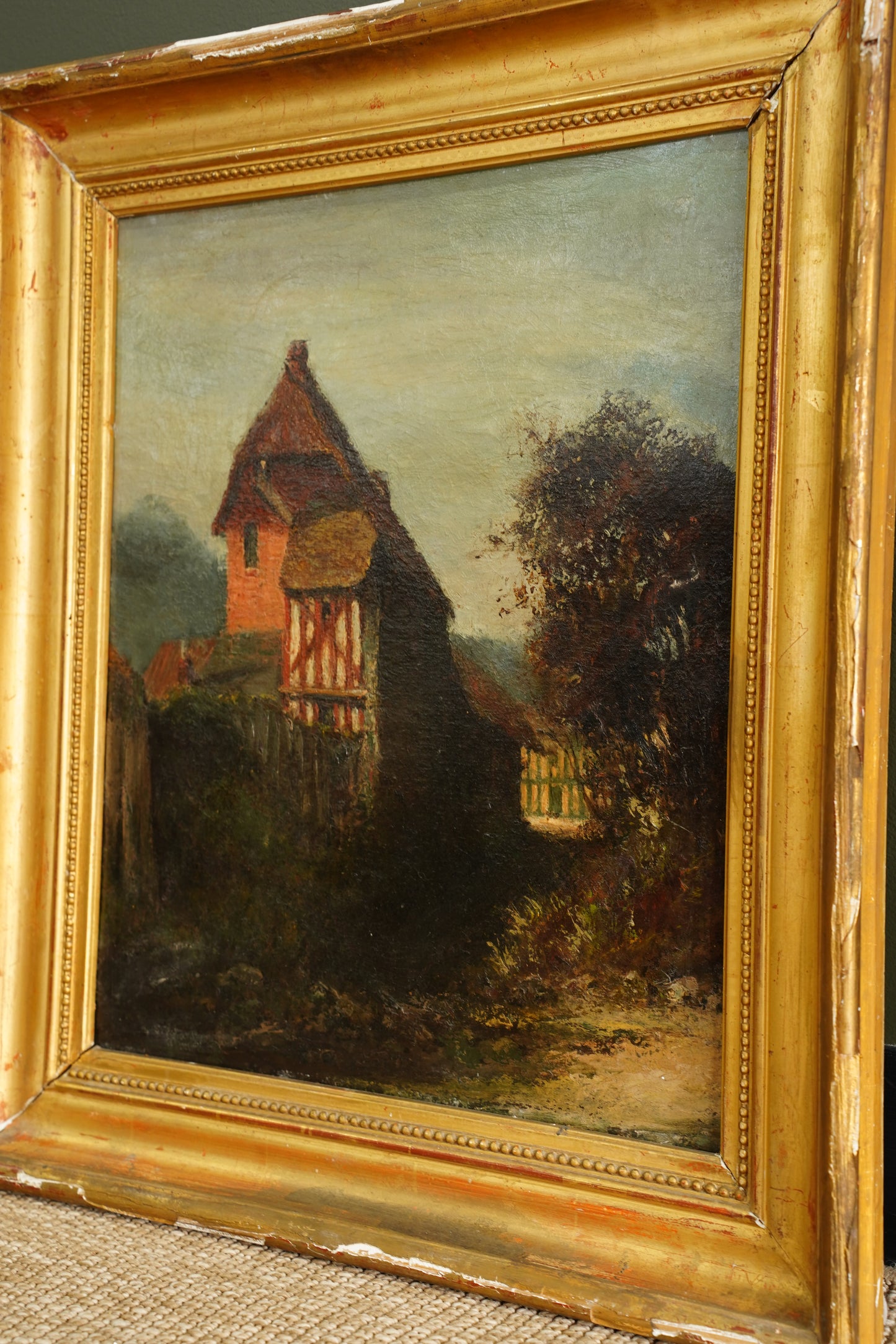 Antique European Oil Painting Cottage Landscape, Normandy Style