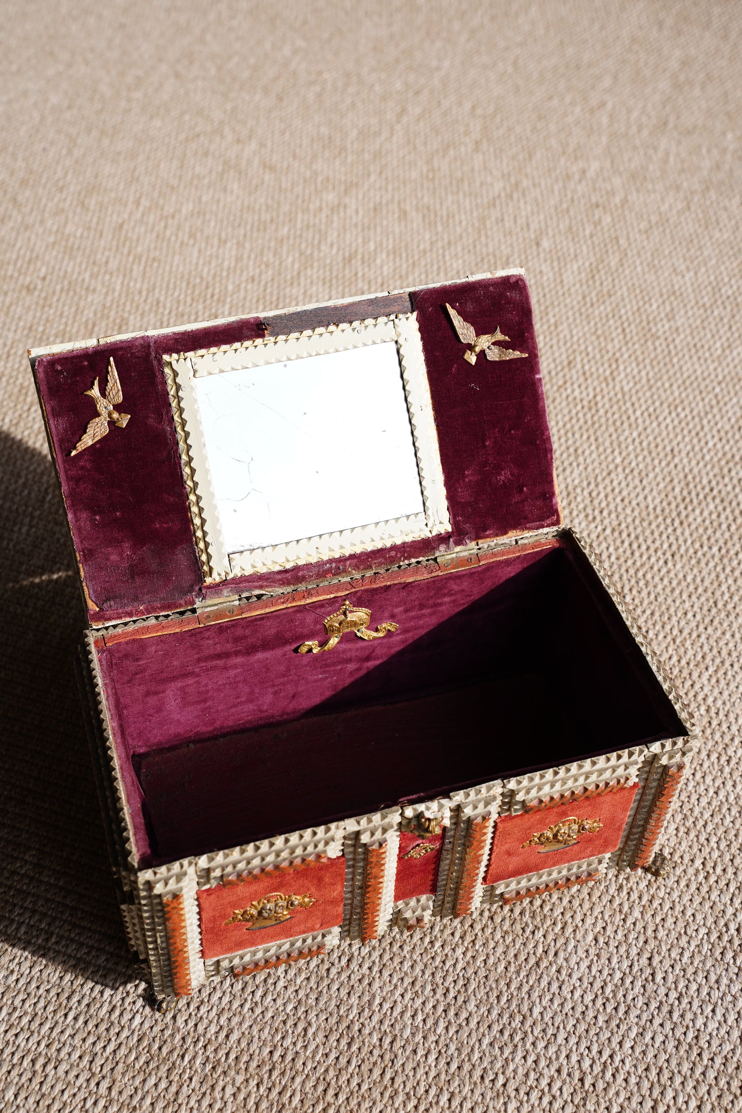 Antique Tramp Art Box, Red Velvet and Gilt Baskets, Circa 1900