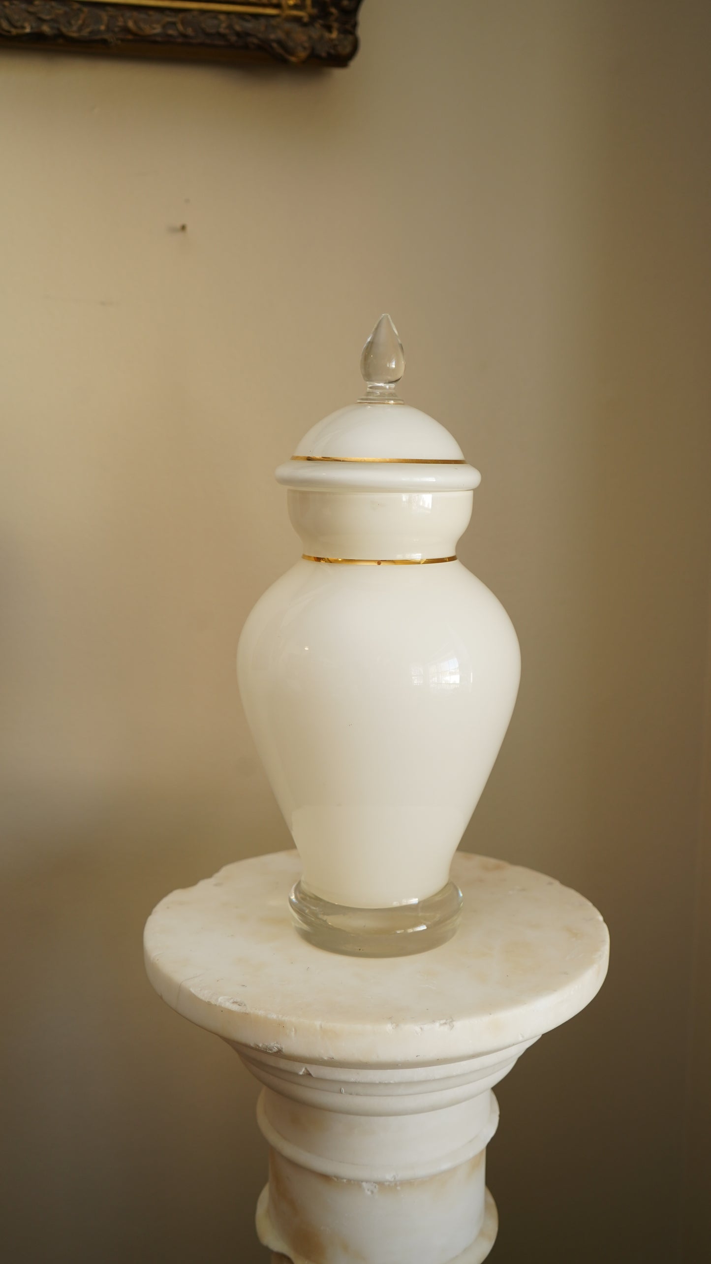 Mid-Century White Glass Apothecary Jar with Gilt Detail and Clear Finial