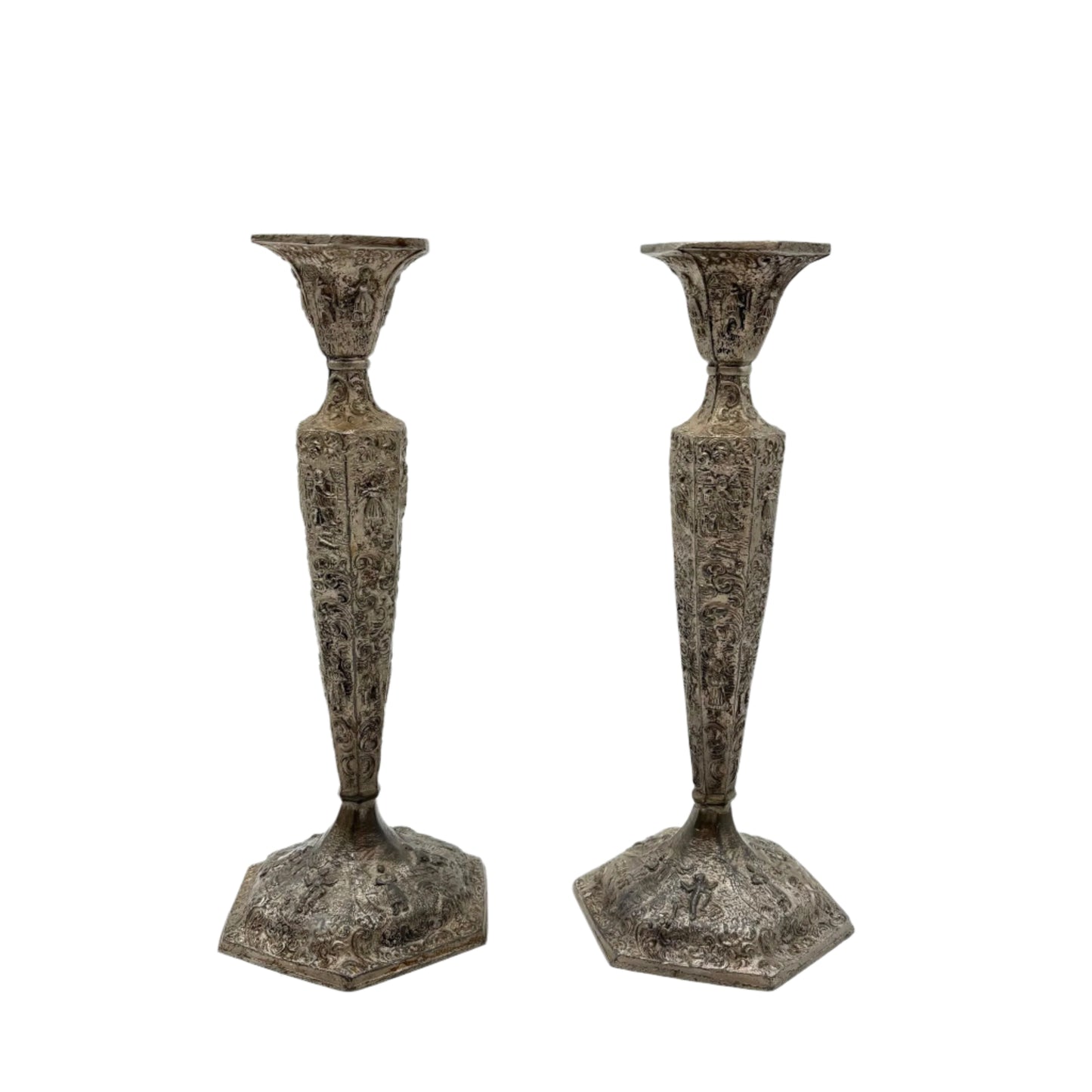 Pair of Weidlich Brothers Dutch Windmill Repoussee Silver Plated Candleholders, Pair of Vintage Silver-Plated Candlestick Holders