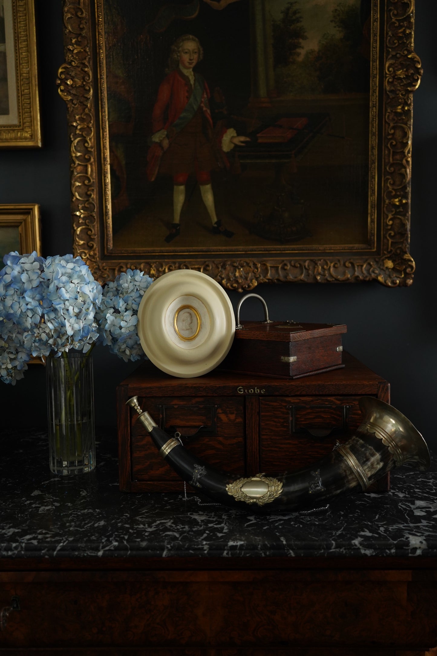 Antique Edwardian Oak & Silver-Plated Two-Compartment Stationery Box with Handle