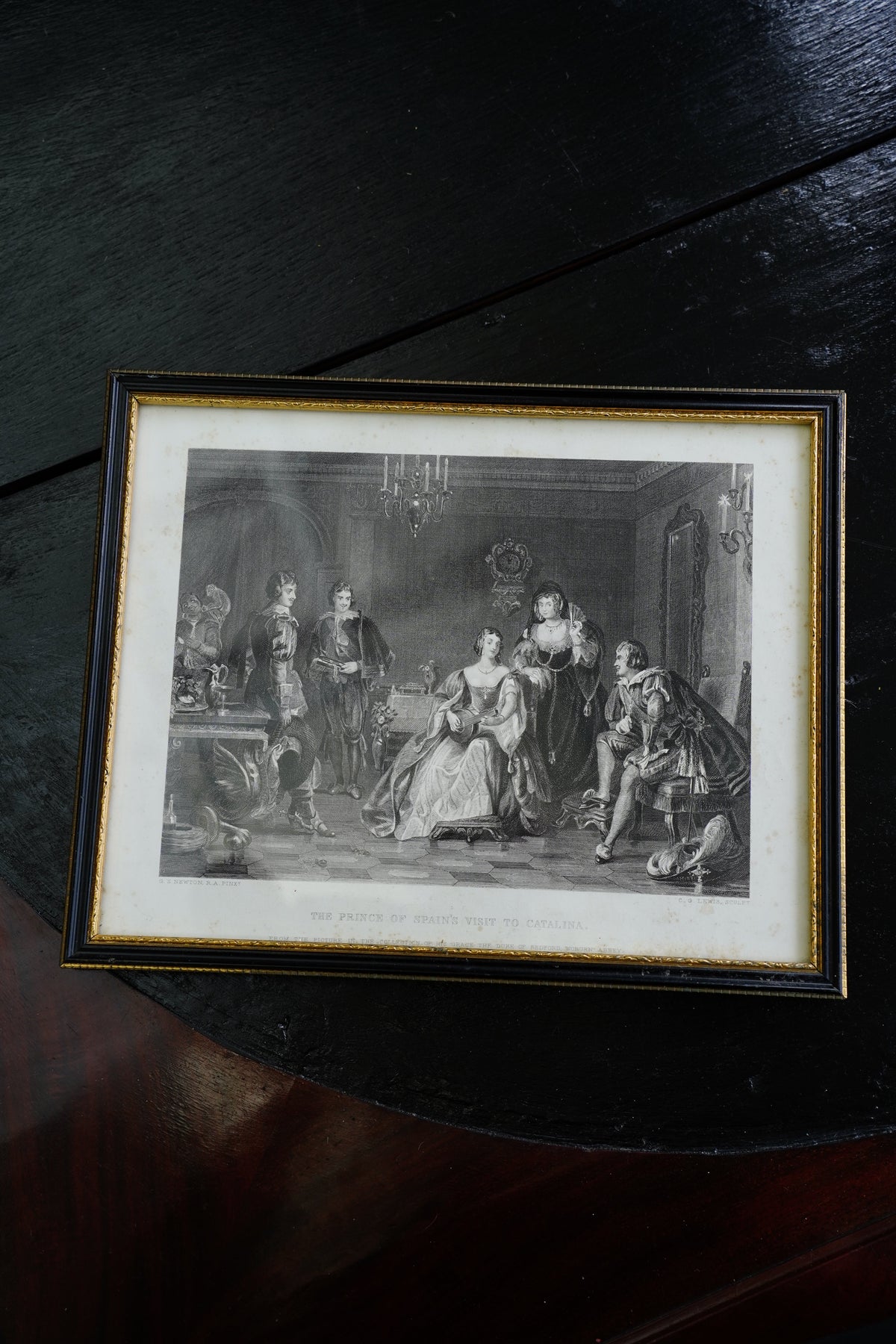 Antique Framed Spanish Court Scene Engraving, 19th Century