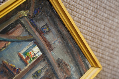 Vintage Flemish Interior Oil Painting, Cottage Doorway with Geranium