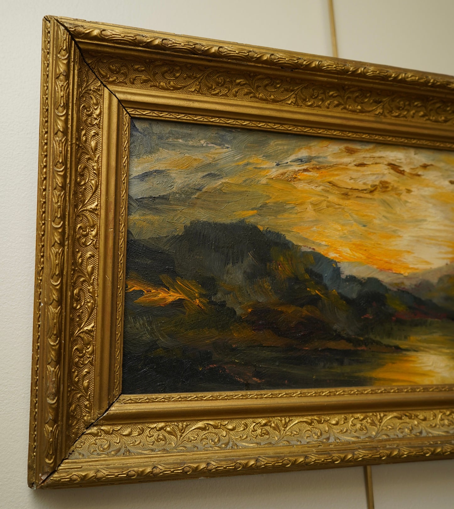 Early 20th Century Impressionist Oil Painting | Sunset Over River Valley in Gilt Frame