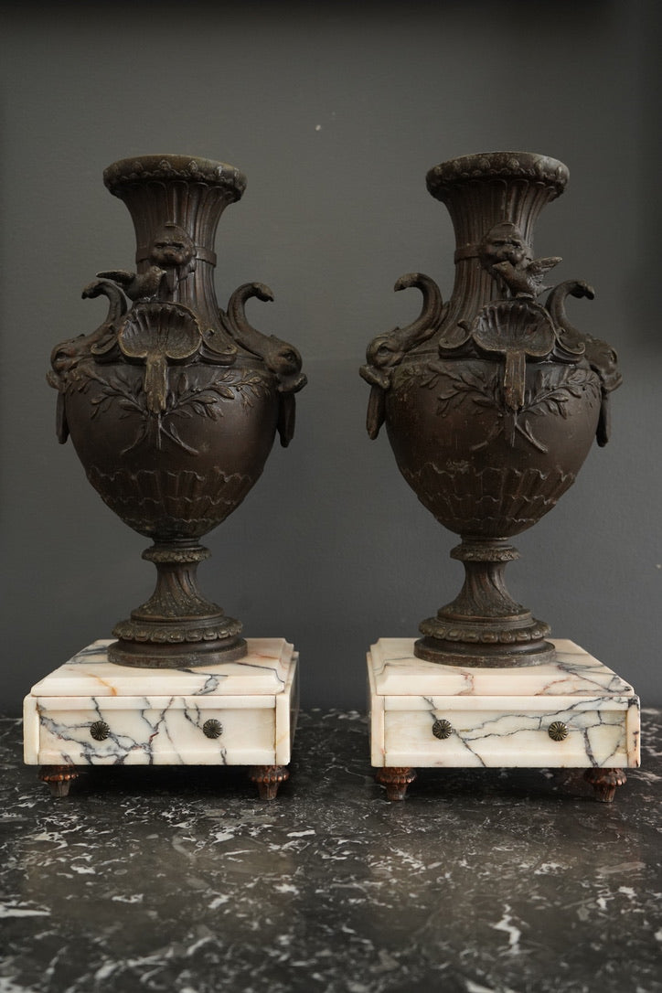 Pair of 19th Century French Napoleon III Style Spelter & Marble Urns