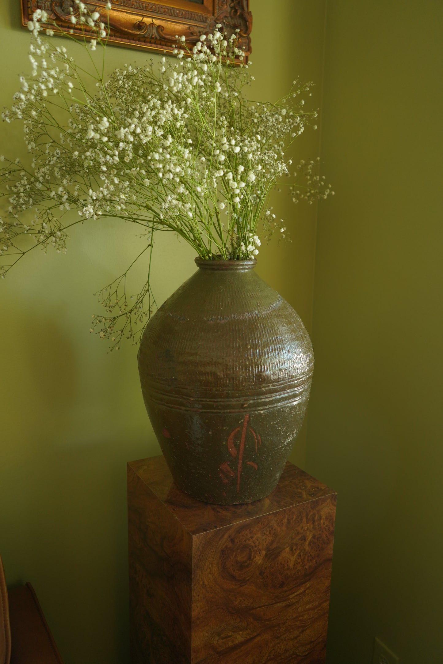 Vintage Chinese Stoneware Oil Jar with Ash Glaze, Rustic Pottery Vessel, 14.25 Inches