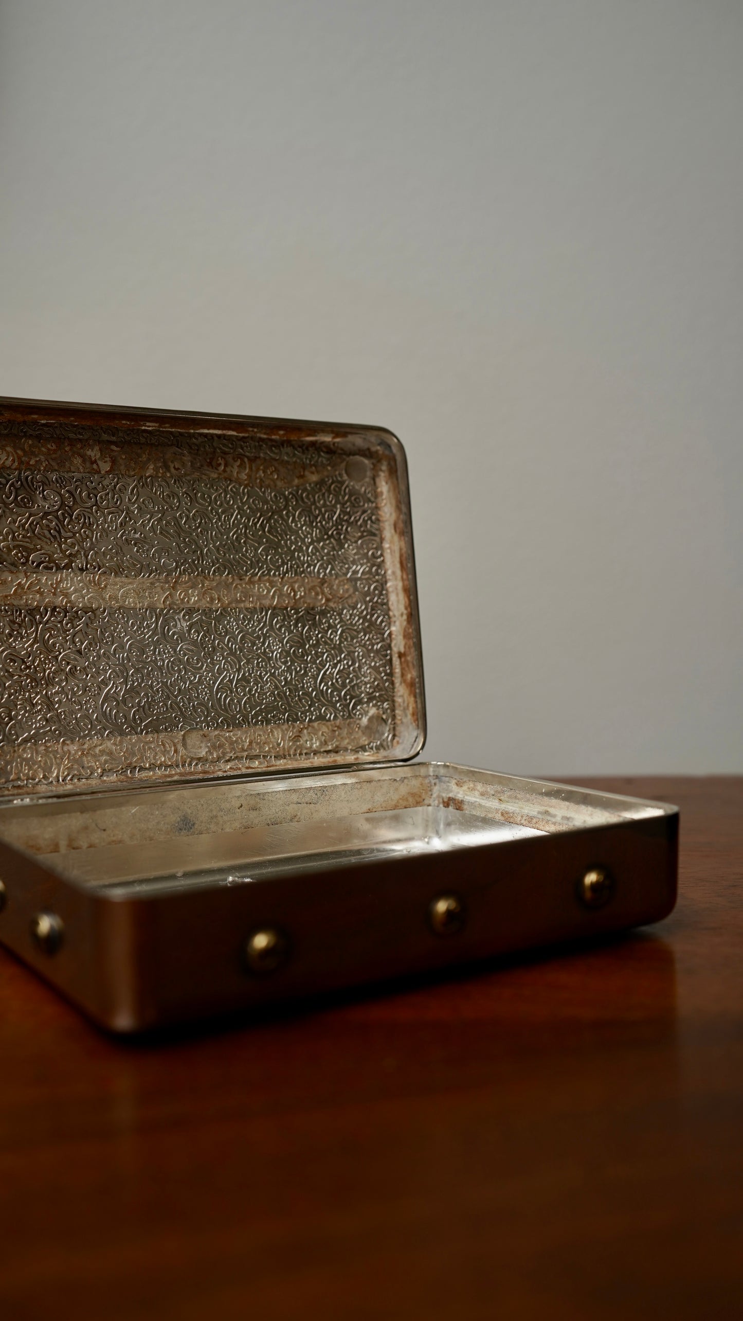 Vintage Silver-Plated Jewelry Box with Amethyst Glass Cabochon and Repoussé Medallion, Mid-20th Century