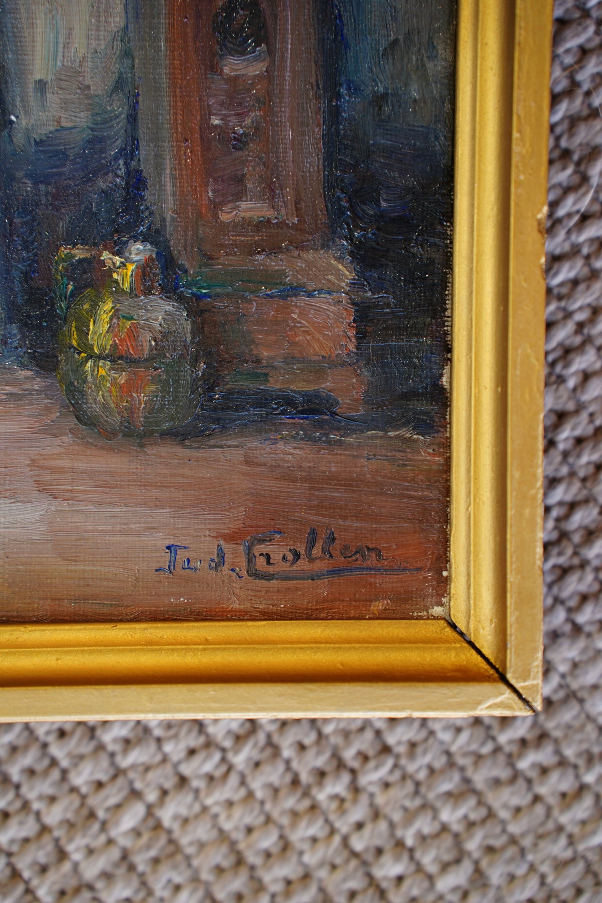 Vintage Flemish Interior Oil Painting, Cottage Doorway with Geranium