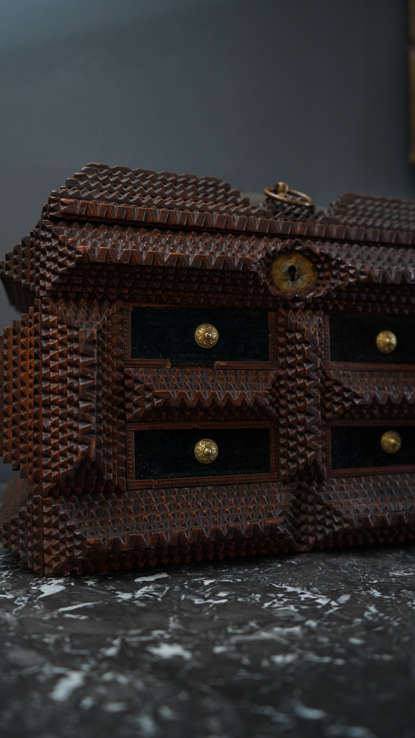 Antique Tramp Art Sewing Box with Drawers and Mirror, Hand-Carved Folk Art Keepsake Chest, Late 19th Century