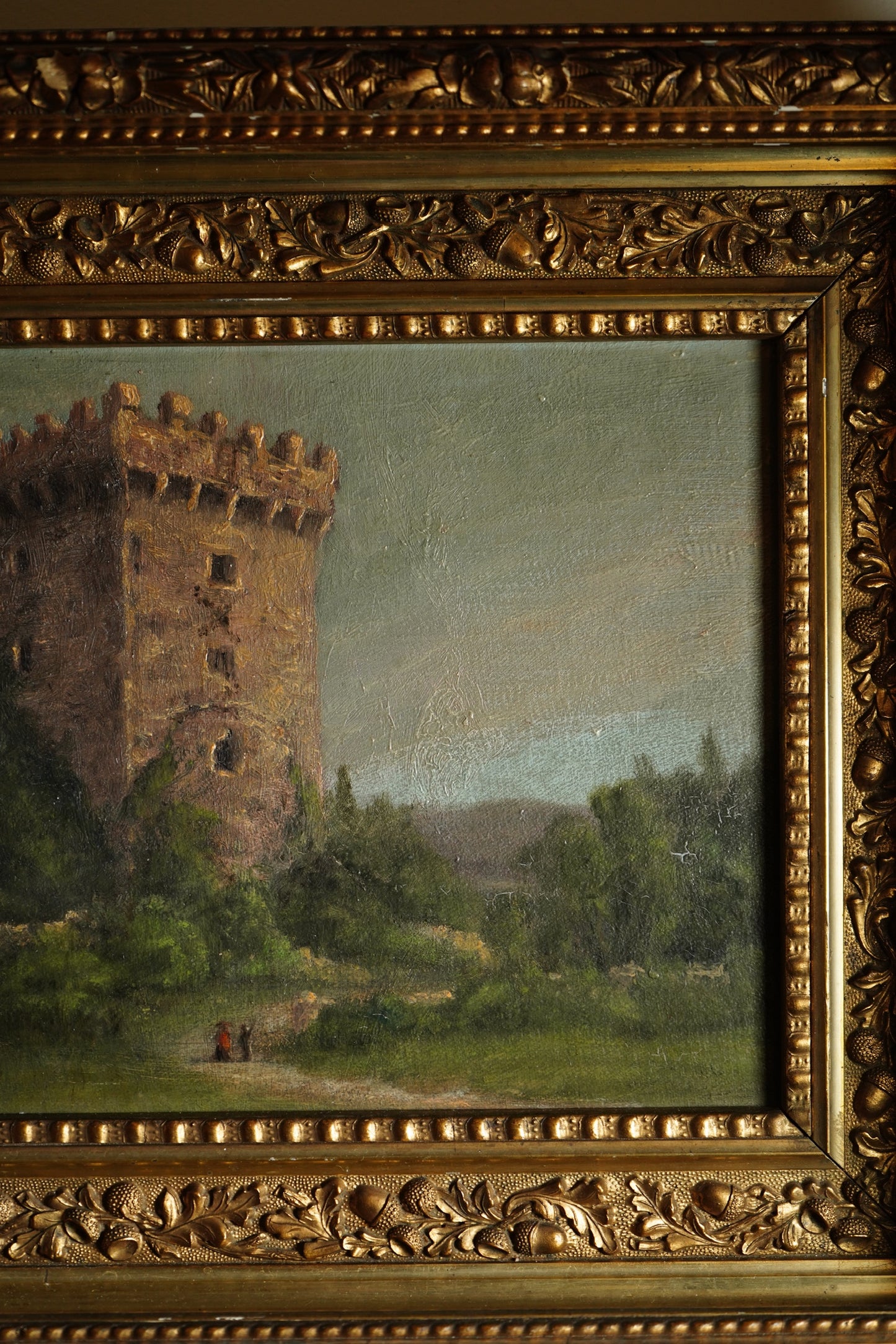Victorian Irish Castle Ruin Oil Painting, Likely Blarney Castle, Signed L. S. C 1888, in Deep Gilt Frame