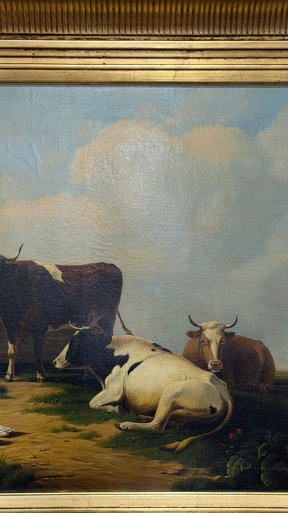 Antique Signed Dutch Oil Painting of Cows and Sheep in Meadow
