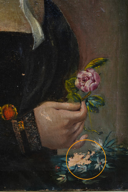 Antique French Bonnet Portrait Painting of a Woman Holding a Rose