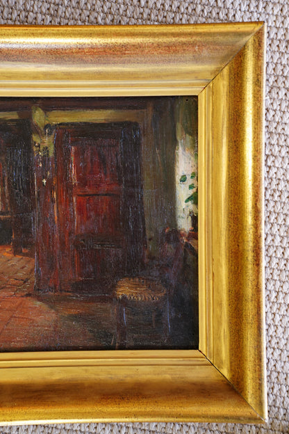 Antique Belgian Interior Oil Painting, Signed