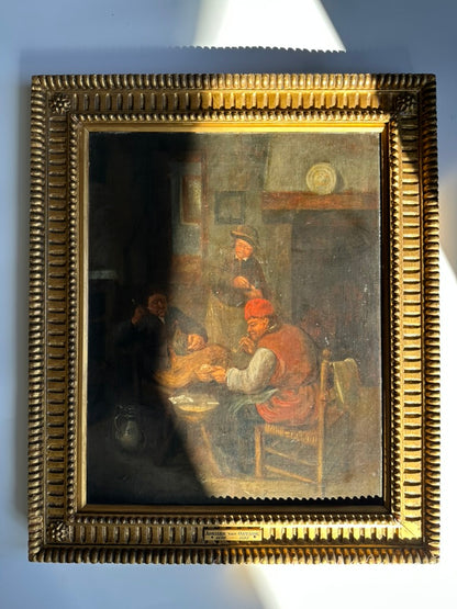 After Adriaen van Ostade (1610–1685) "By the Hearth" Oil on Board Painting