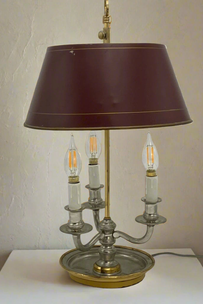 Vintage French Bouillotte Lamp with Maroon Metal Shade