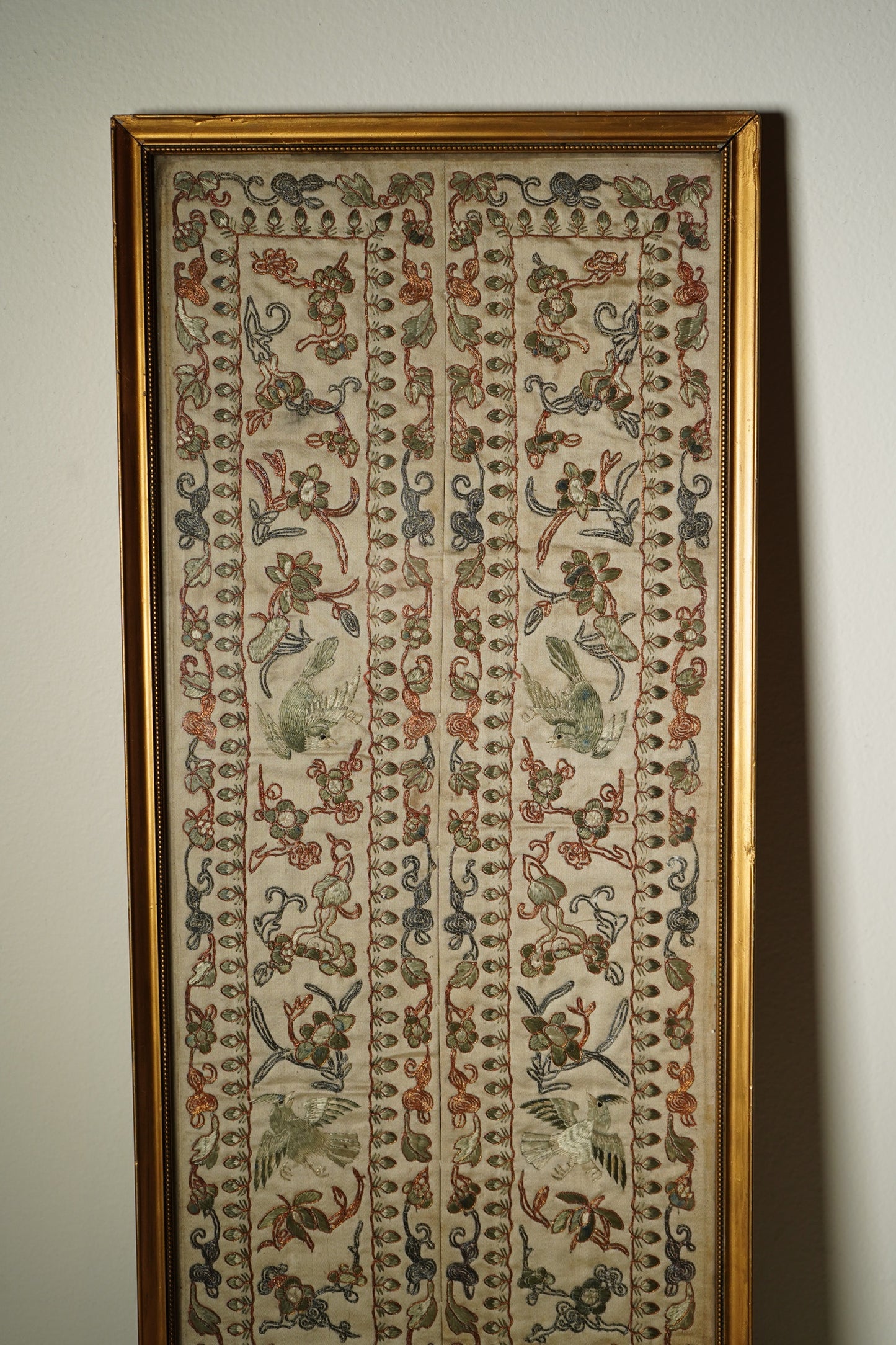 Antique European Chinoiserie Silk Embroidery on Satin