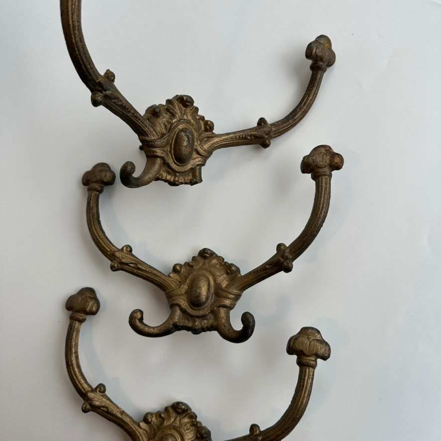 Antique Victorian Cast-Brass Quadruple Wall Hooks – Hat, Coat & Umbrella Hangers, Set of 3
