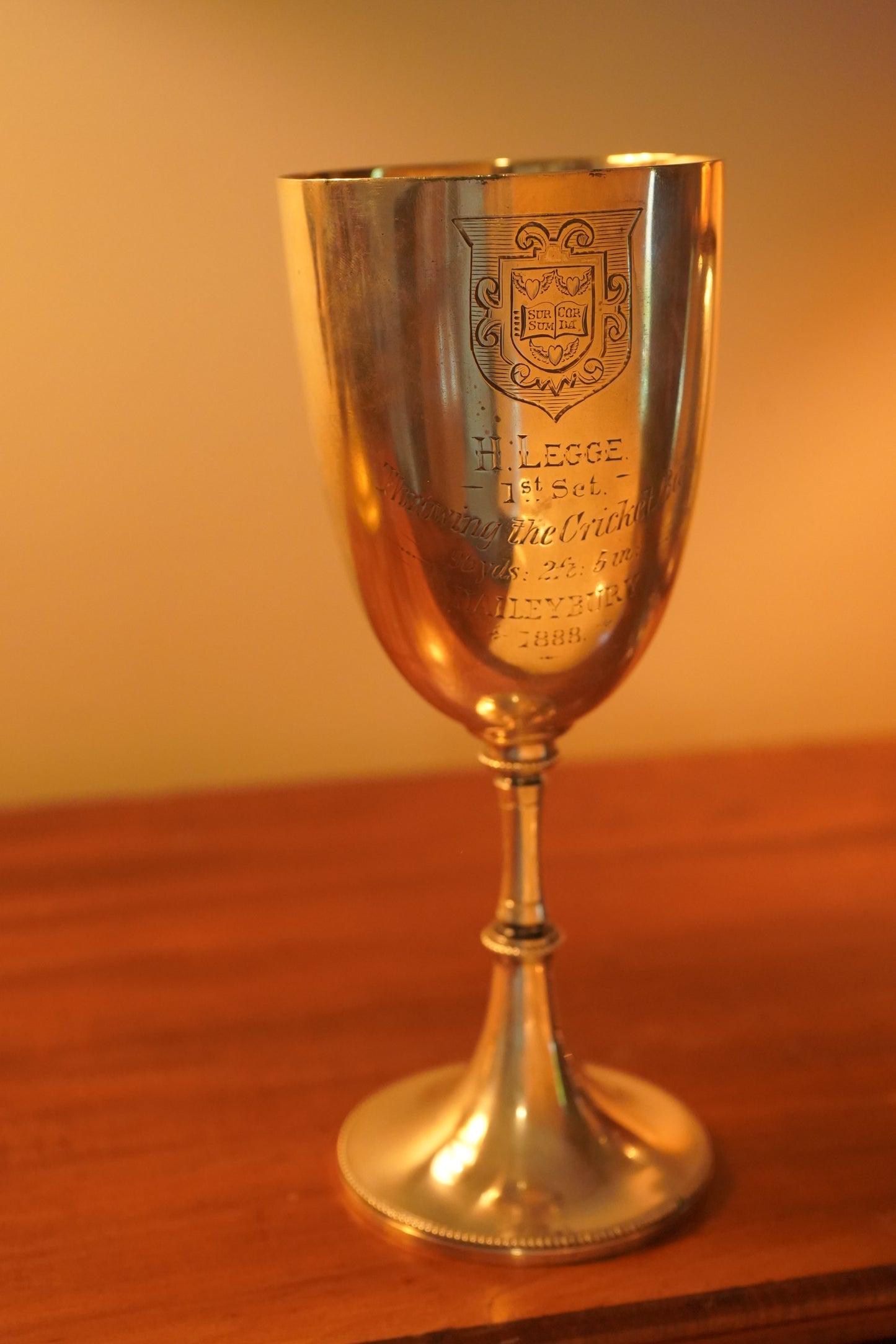 Antique English Silver Plated Trophy Goblet, "Haileybury College Throwing Cricket Ball Trophy Victorian 1888"