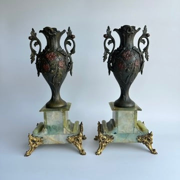 Pair of Antique French Neoclassical Spelter and Onyx Urns with Gilt Brass Accents