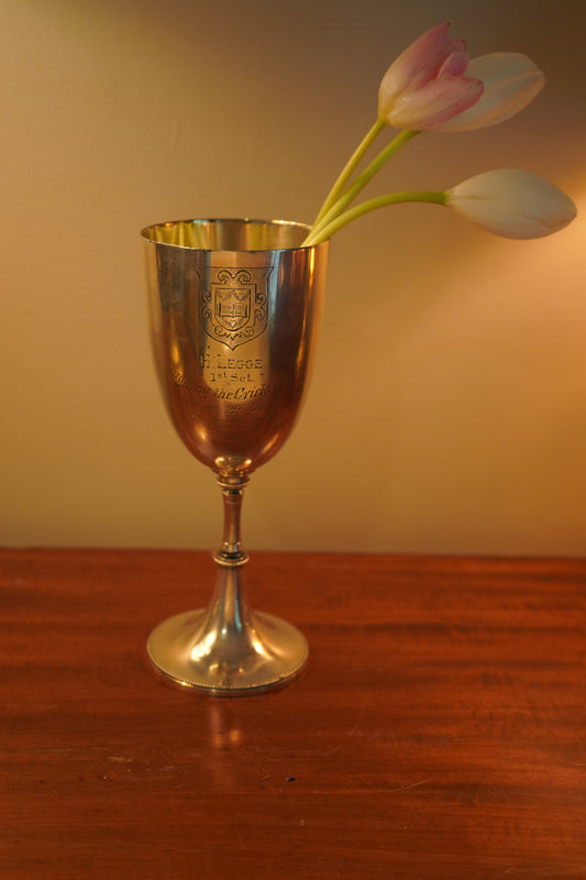 Antique English Silver Plated Trophy Goblet, "Haileybury College Throwing Cricket Ball Trophy Victorian 1888"