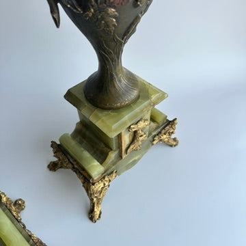 Pair of Antique French Neoclassical Spelter and Onyx Urns with Gilt Brass Accents