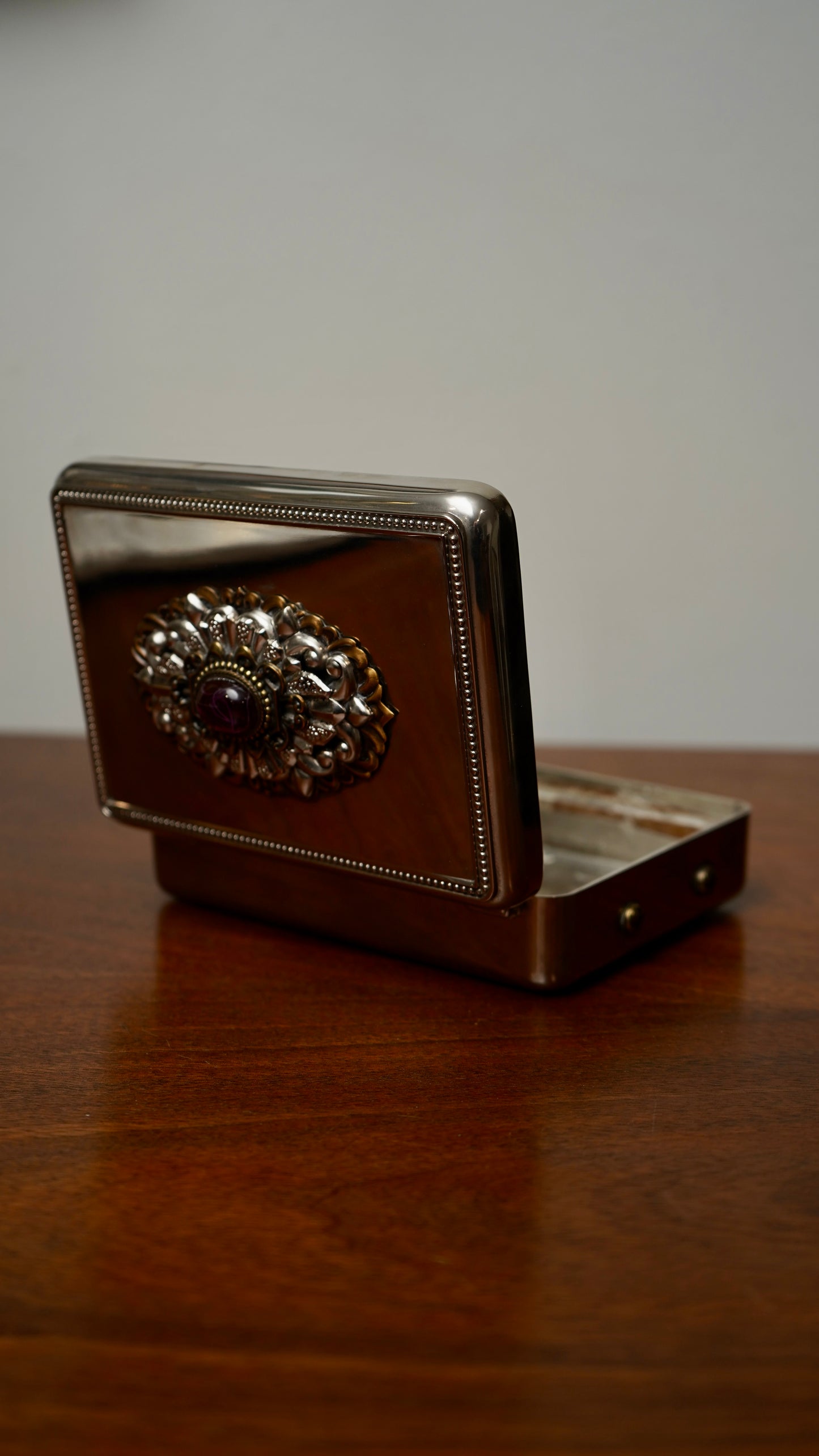 Vintage Silver-Plated Jewelry Box with Amethyst Glass Cabochon and Repoussé Medallion, Mid-20th Century