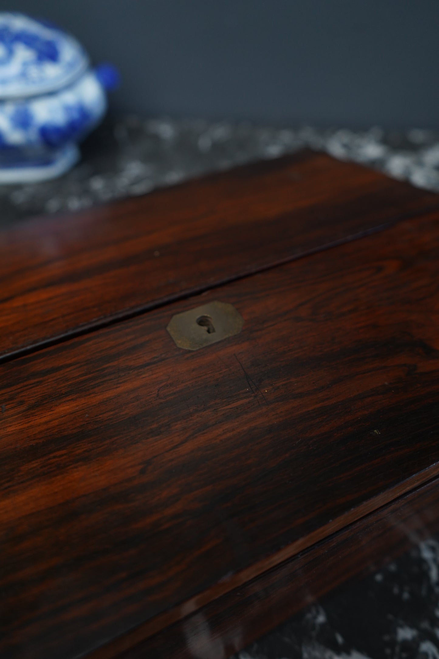 Antique Rosewood Writing Slope with Velvet Writing Surface and Inscriptions, Mid-19th Century