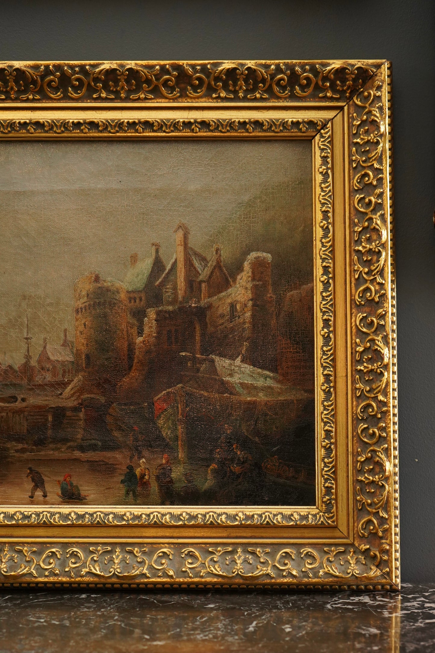 1894 Dutch Winterscape Oil Painting with Monogram in Antique Gilt Victorian Frame