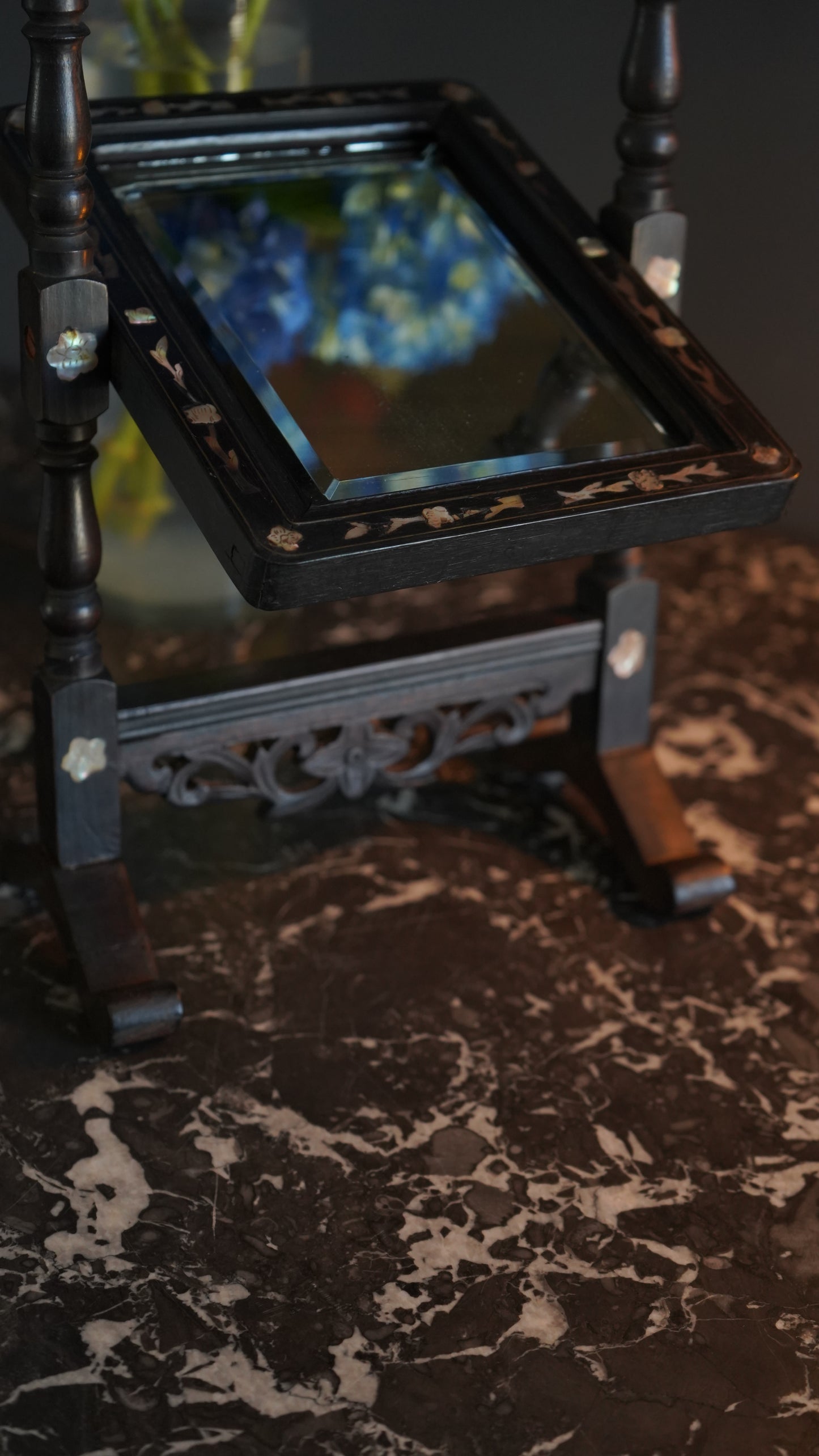 Antique Ebonized Wood & Mother-of-Pearl Vanity Tabletop Mirror