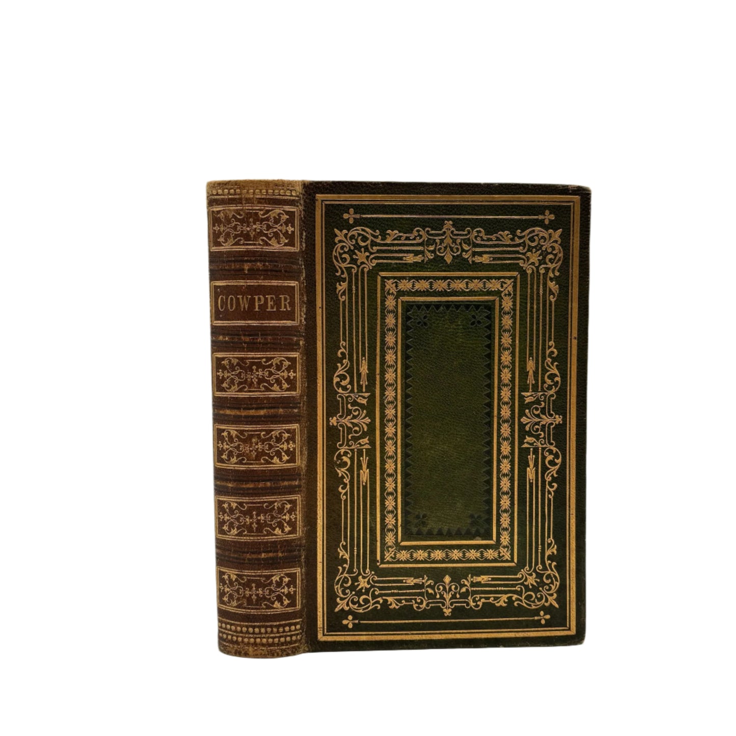 Antique Poetry Book The Complete Poetical Works of William Cowper Victorian Green Morocco Leather Binding c1853