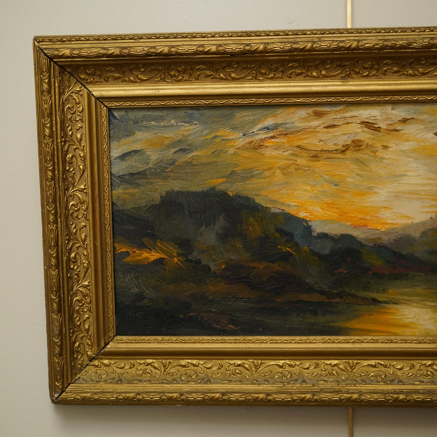 Early 20th Century Impressionist Oil Painting | Sunset Over River Valley in Gilt Frame