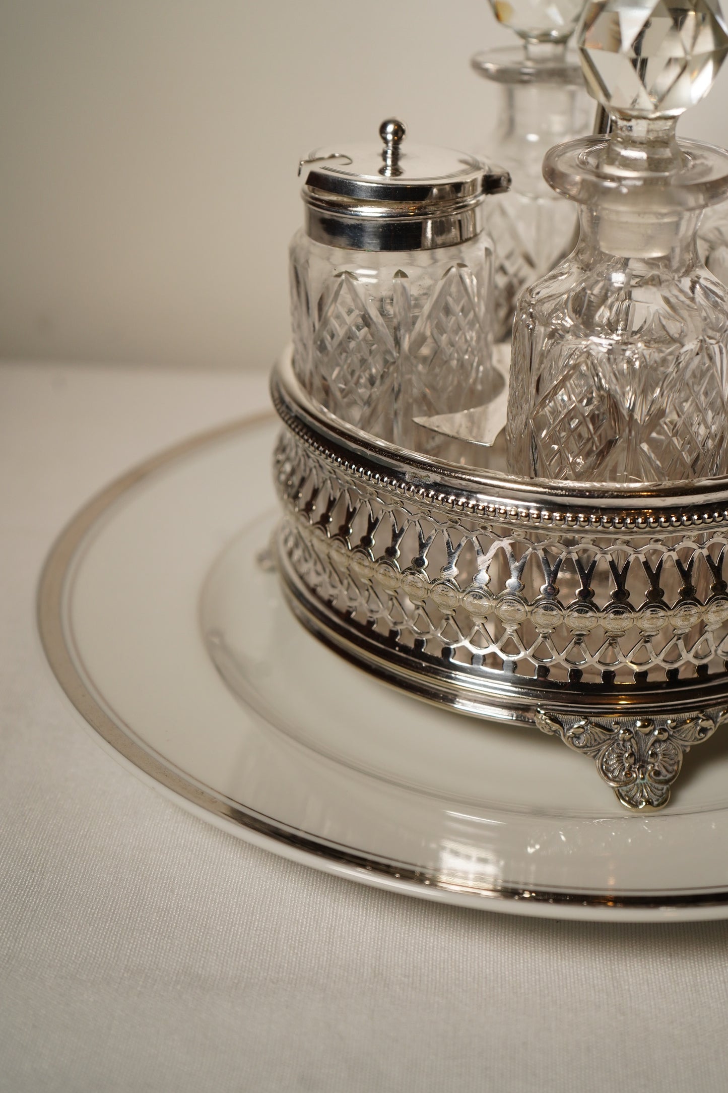 Antique Victorian Silver Plated Cruet Set with Four Cut Glass Bottles, English, c. 1880–1910