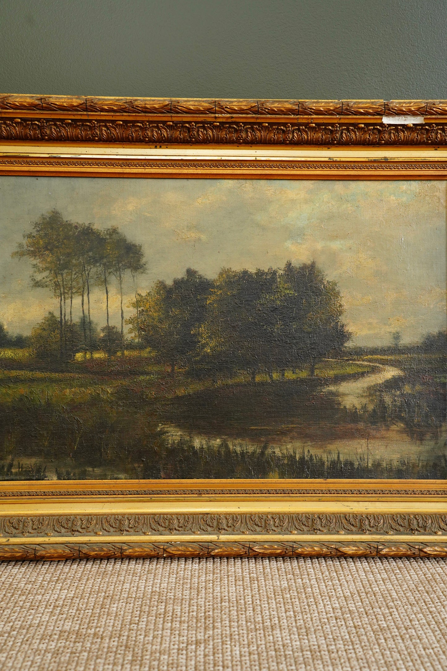 Antique European Moody River Landscape Oil Painting