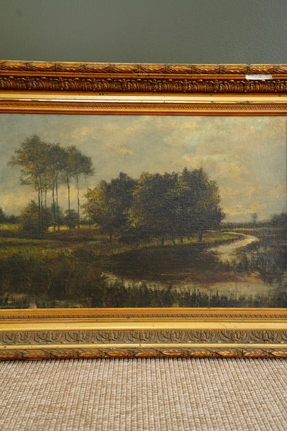 Antique European Moody River Landscape Oil Painting