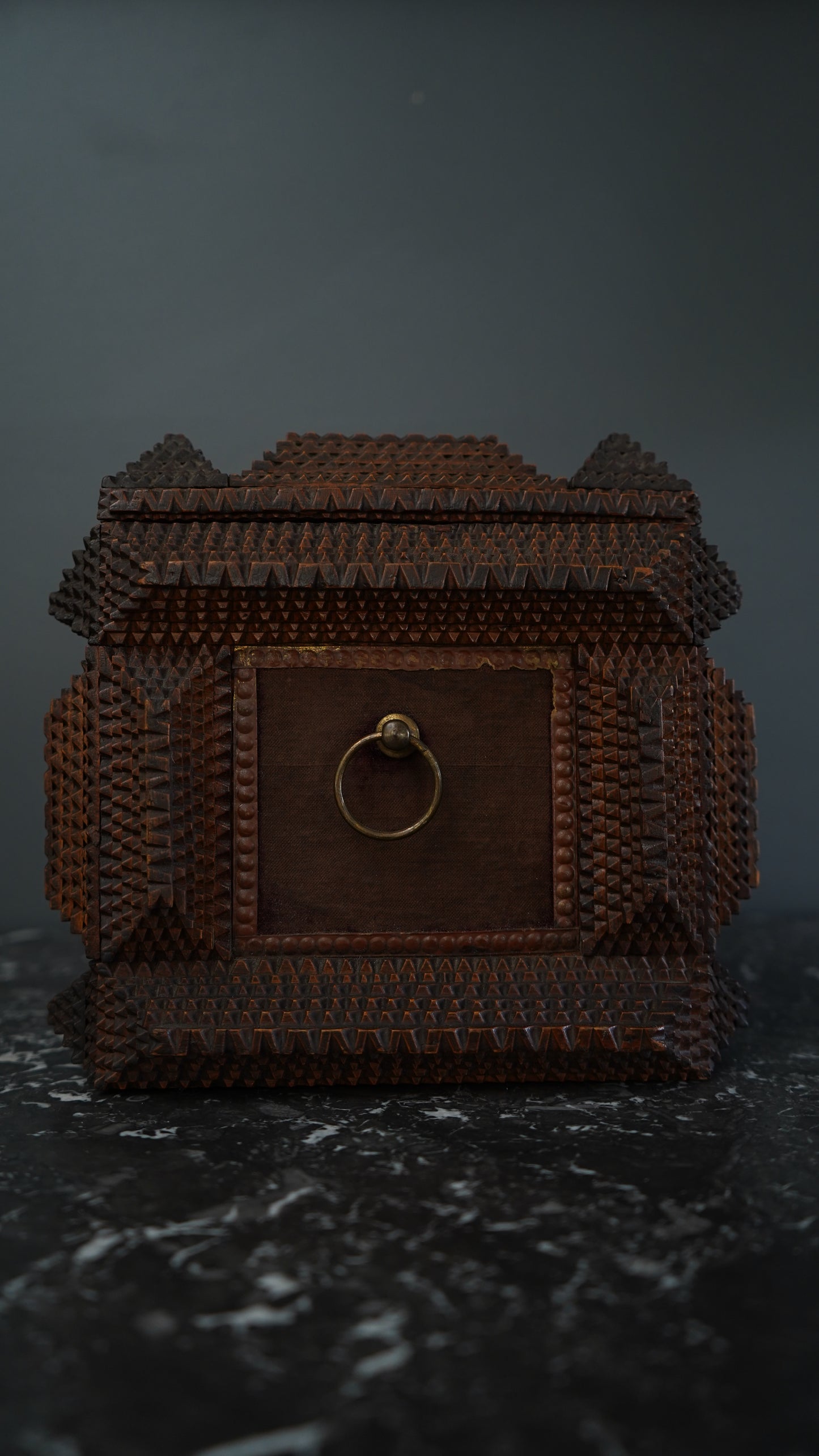 Antique Tramp Art Sewing Box with Drawers and Mirror, Hand-Carved Folk Art Keepsake Chest, Late 19th Century