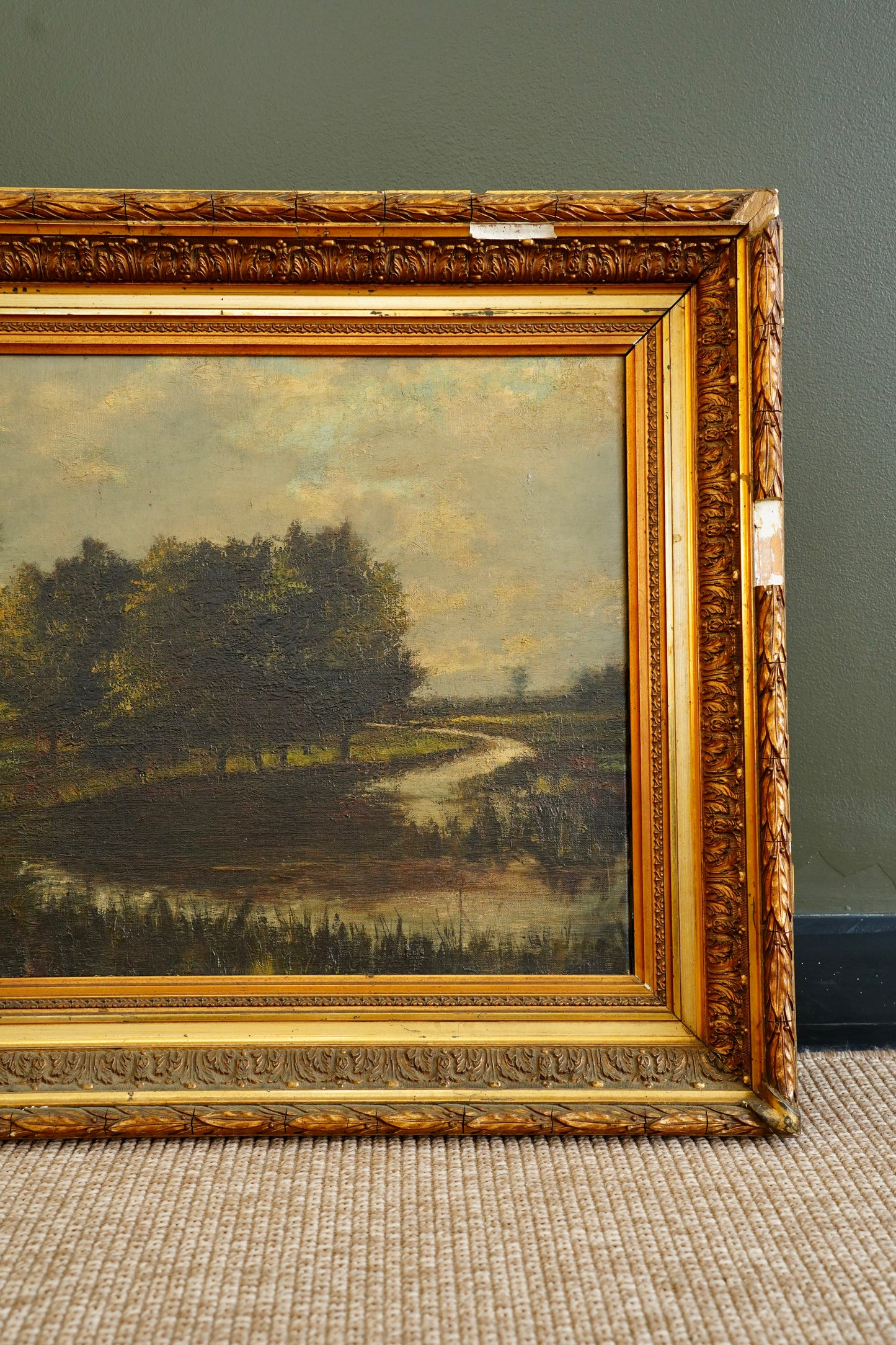 Antique European Moody River Landscape Oil Painting