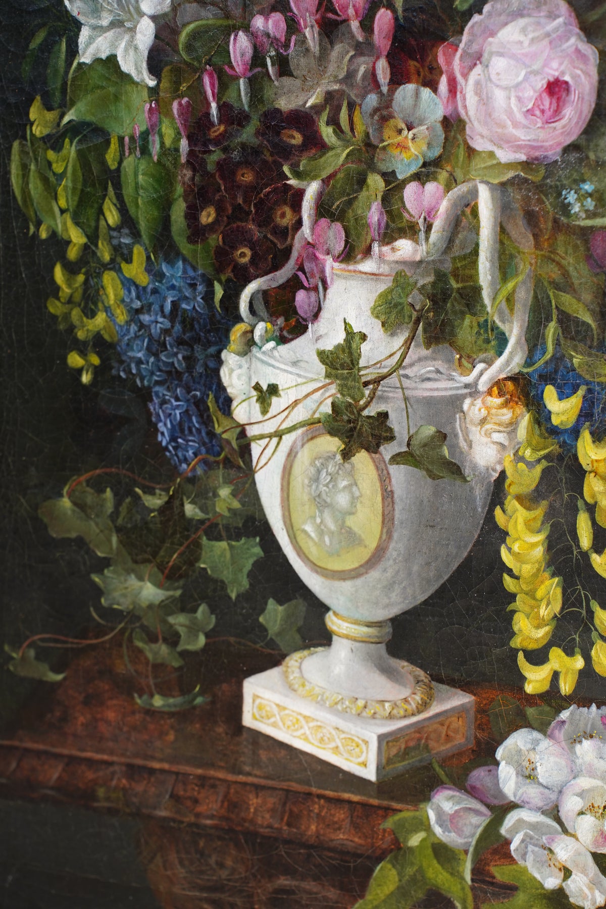 Antique Floral Still Life Oil Painting of Flowers in a Porcelain Urn