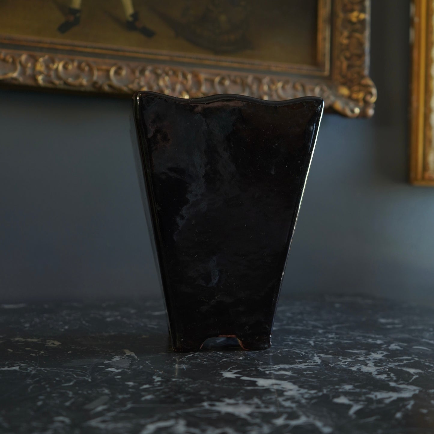 Mid-Century Japanese Black Tenmoku Glazed Terracotta Bonsai Pot | Wabi-Sabi Folk Craft Planter (8.75")