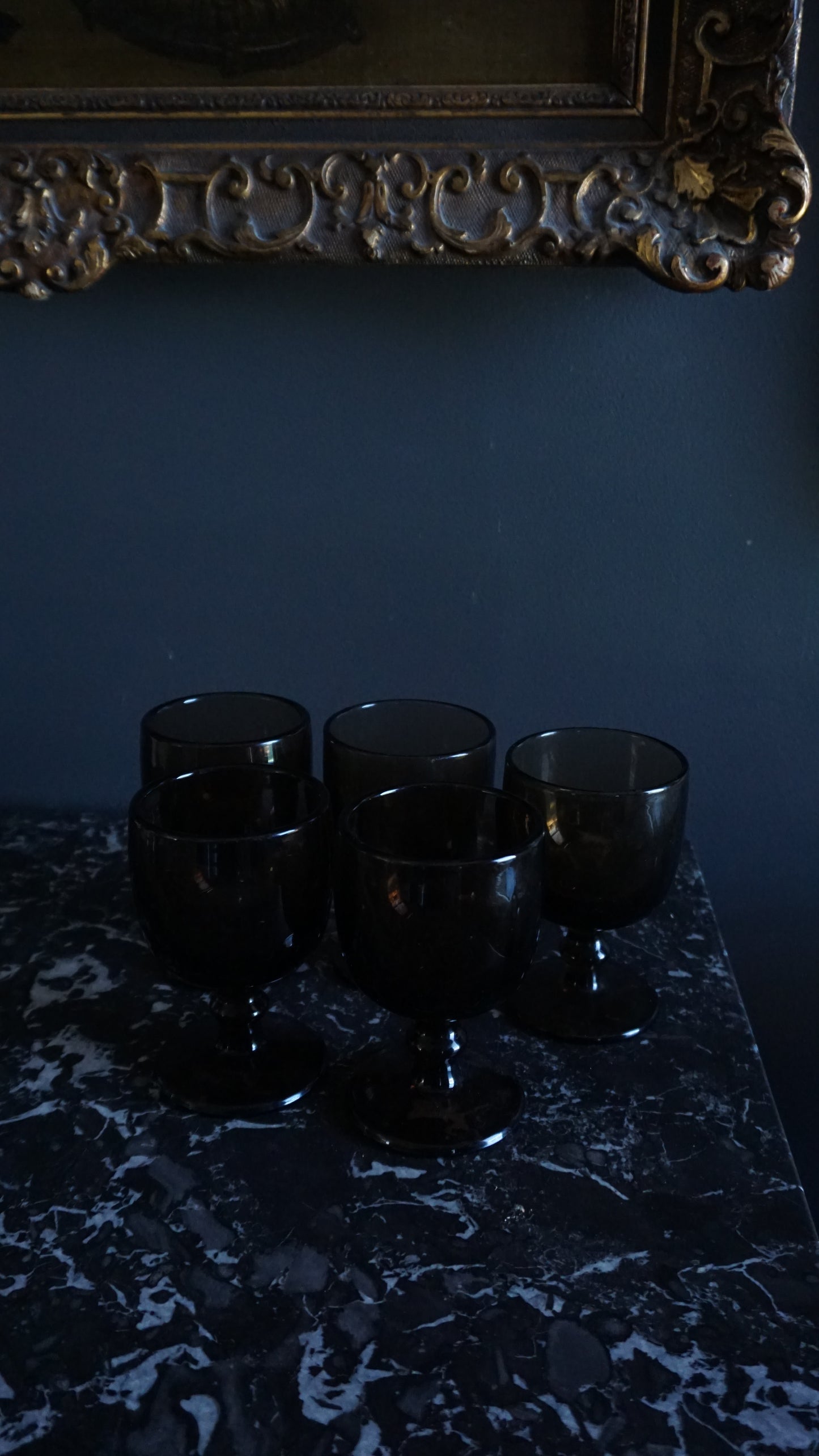 Set of 5 Vintage Mid-Century Smoke Glass Cordial Goblets | Hoffman Style Barware, 1960s–1970s