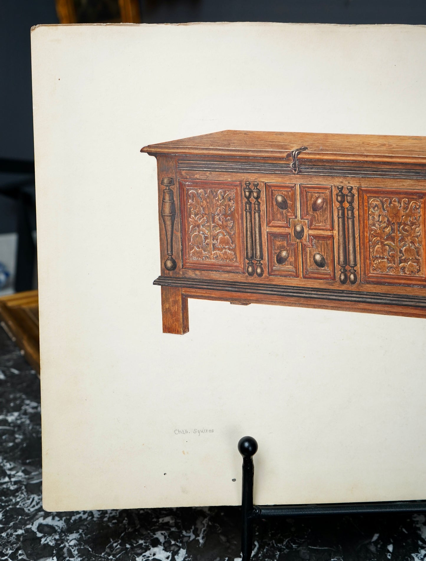 Antique Furniture Illustration – Colored Pencil Rendering of a Jacobean Oak Chest by Chas. Squires, c.